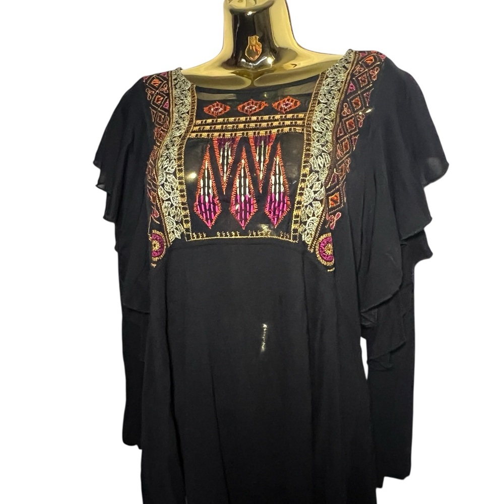 Free People Black Blouse with Colorful Embroidery size M